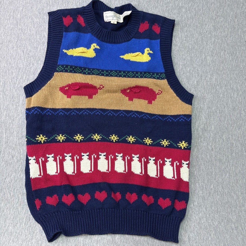 Eagle's Eye Sweater Vest Womens M Blue Ducks Pink Cat Grannycore Teacher 90's